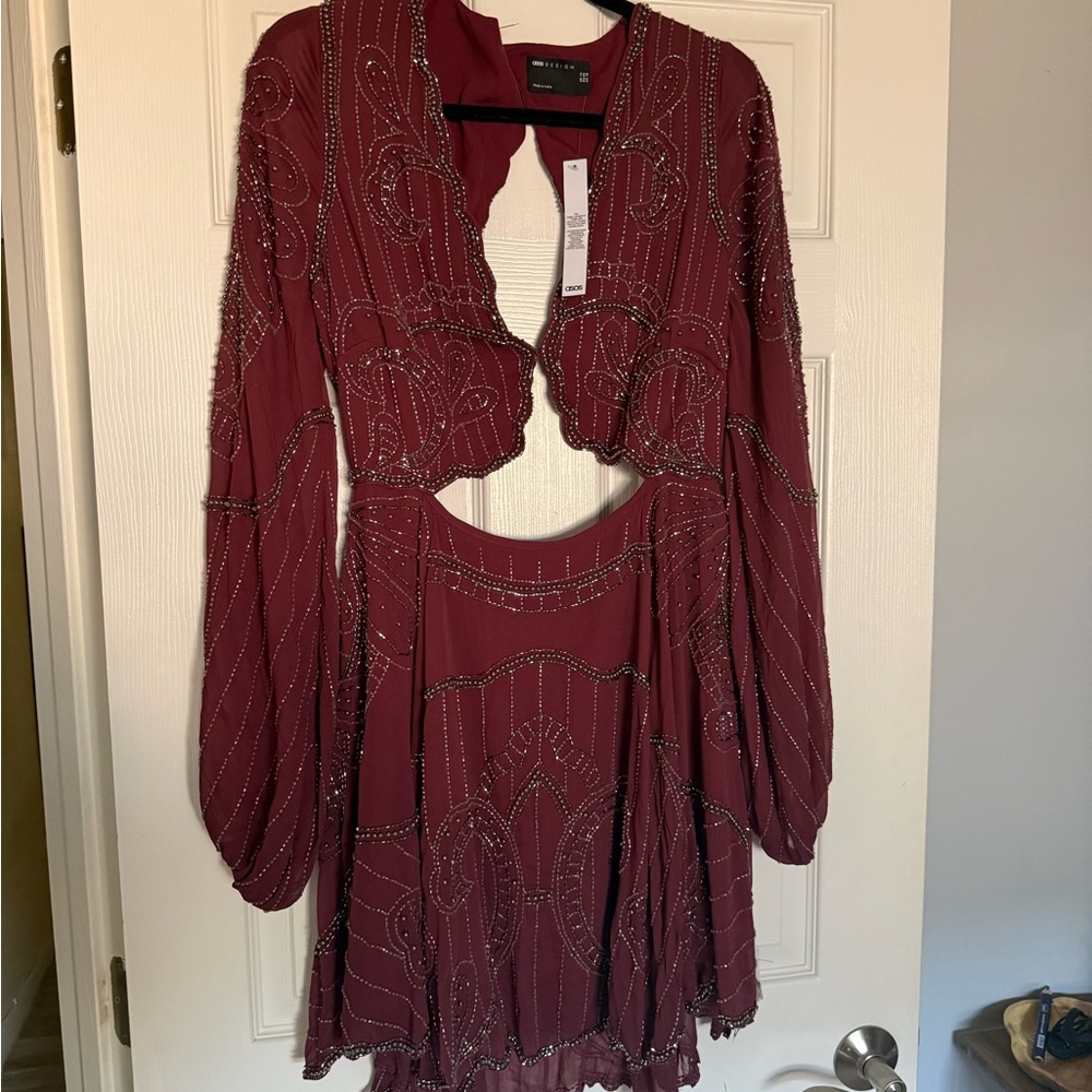 ASOS  Long Sleeve  Beaded Dress with Cutouts in Wine